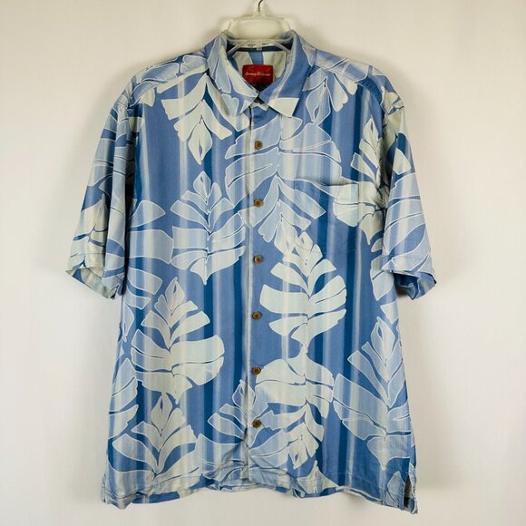 Tommy Bahama Shirt Mens Large Blue White Silk Floral Hawaiian Button-Up Casual - Picture 1 of 11